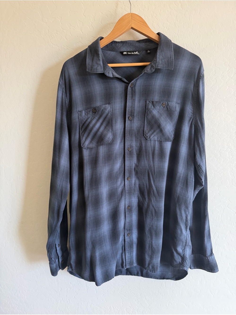Travis Mathew Men's Blue Gray Plaid Long Sleeve Button-Up Shirt XL